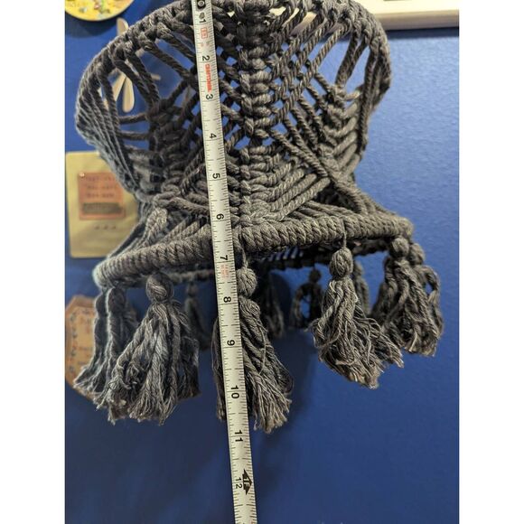 Vintage Boho Macramé Hanging Lamp Shade – Gray Woven Cord, Tassels, 12” – Retro - Picture 7 of 14